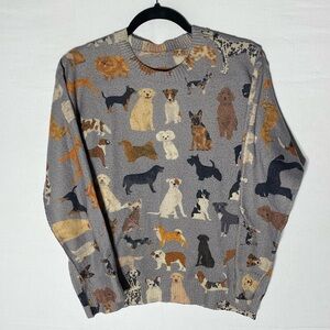 Grey Lightweight Knit Crew Neck Dog Print Pullover Sweater M